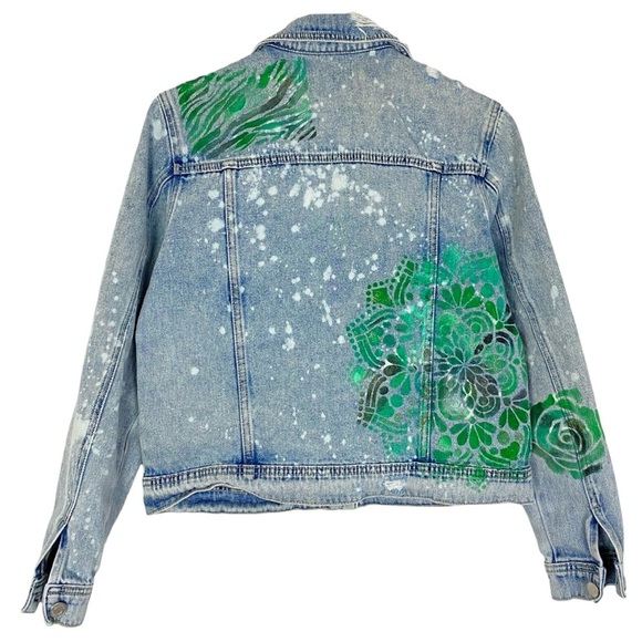 Handmade Jean Jacket Womens Small Denim Floral Mandala Blue Green Gold Upcycled - Picture 2 of 14